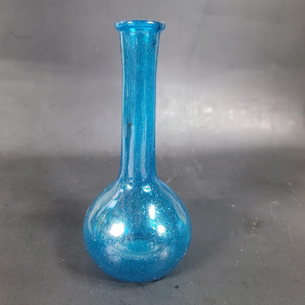 Mid Century Flower Vase Made of Glass With Air Bubbles, Handmade Blue